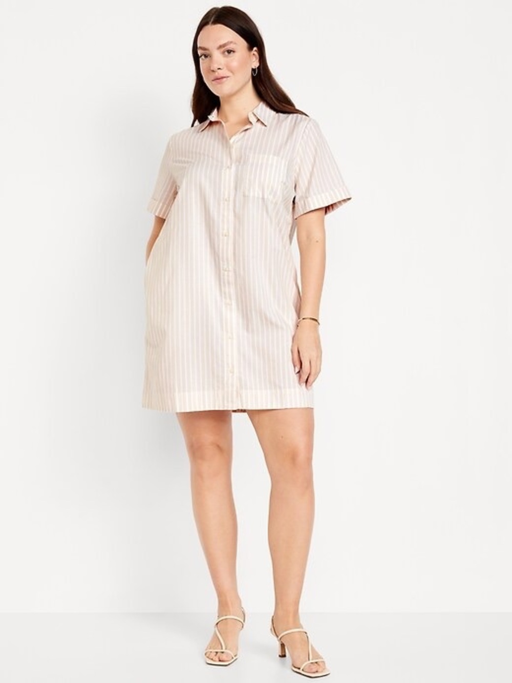 Old Navy 100% Cotton Striped Mini Shirt Dress Neutral Stripe Beige White L